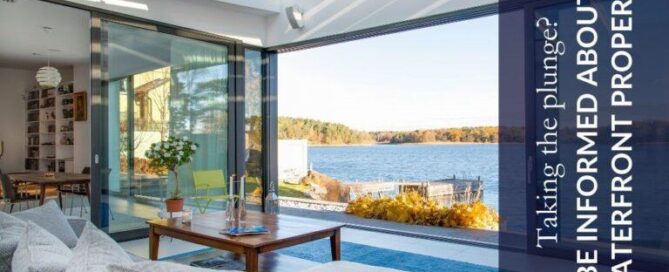 view of lake from a modern lake house living room